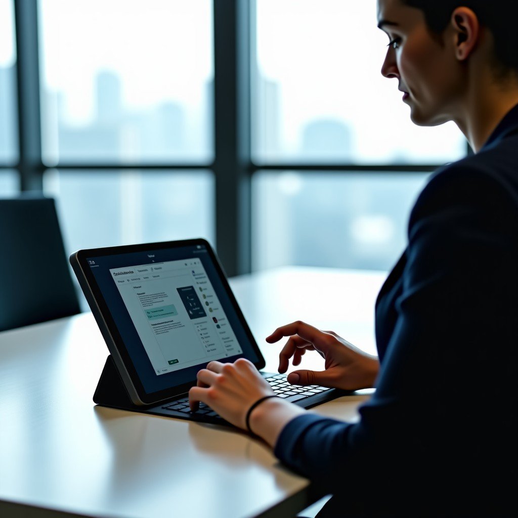 A professional person working in a modern office using a tablet with a keyboard attachment. The screen displays multiple windows for multitasking. Professional and clean atmosphere. 4:3