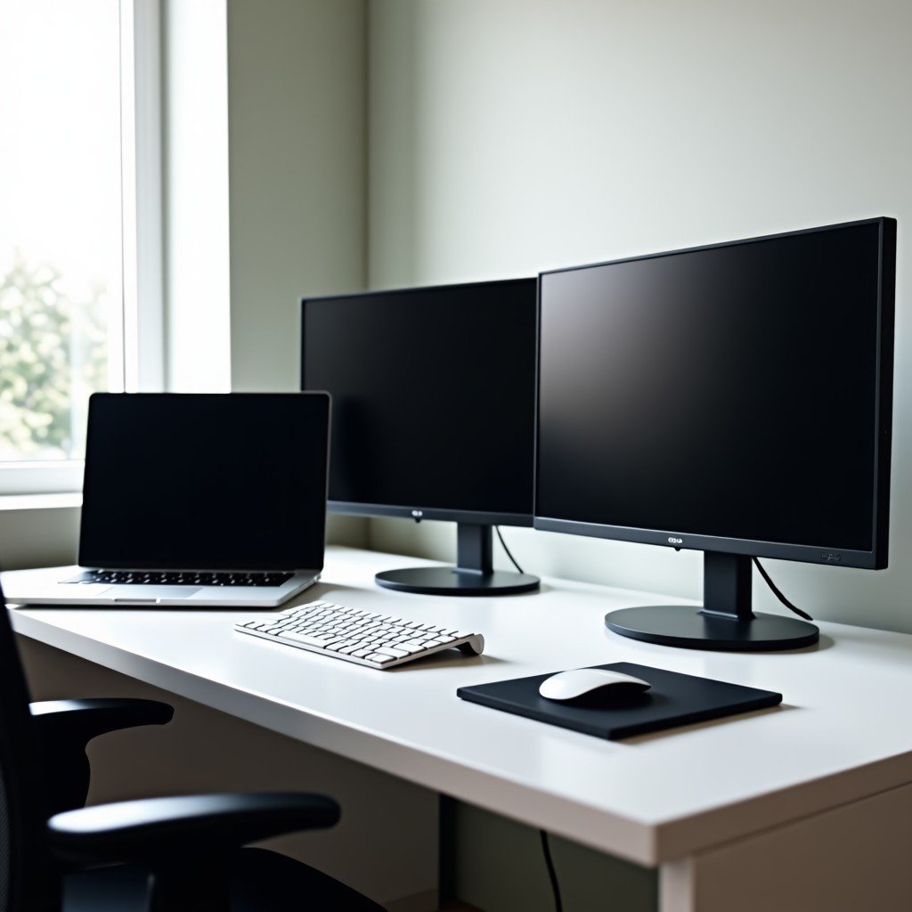 A 15-inch laptop connected to two external monitors on a modern desk setup, professional work environment, bright clean lighting, 4:3.