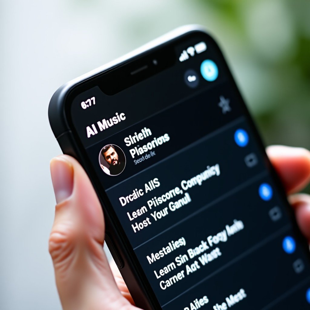 Close up of a smartphone displaying an interface with detailed metadata tags about AI in music, clean background, soft daylight, professional photography, 4:3