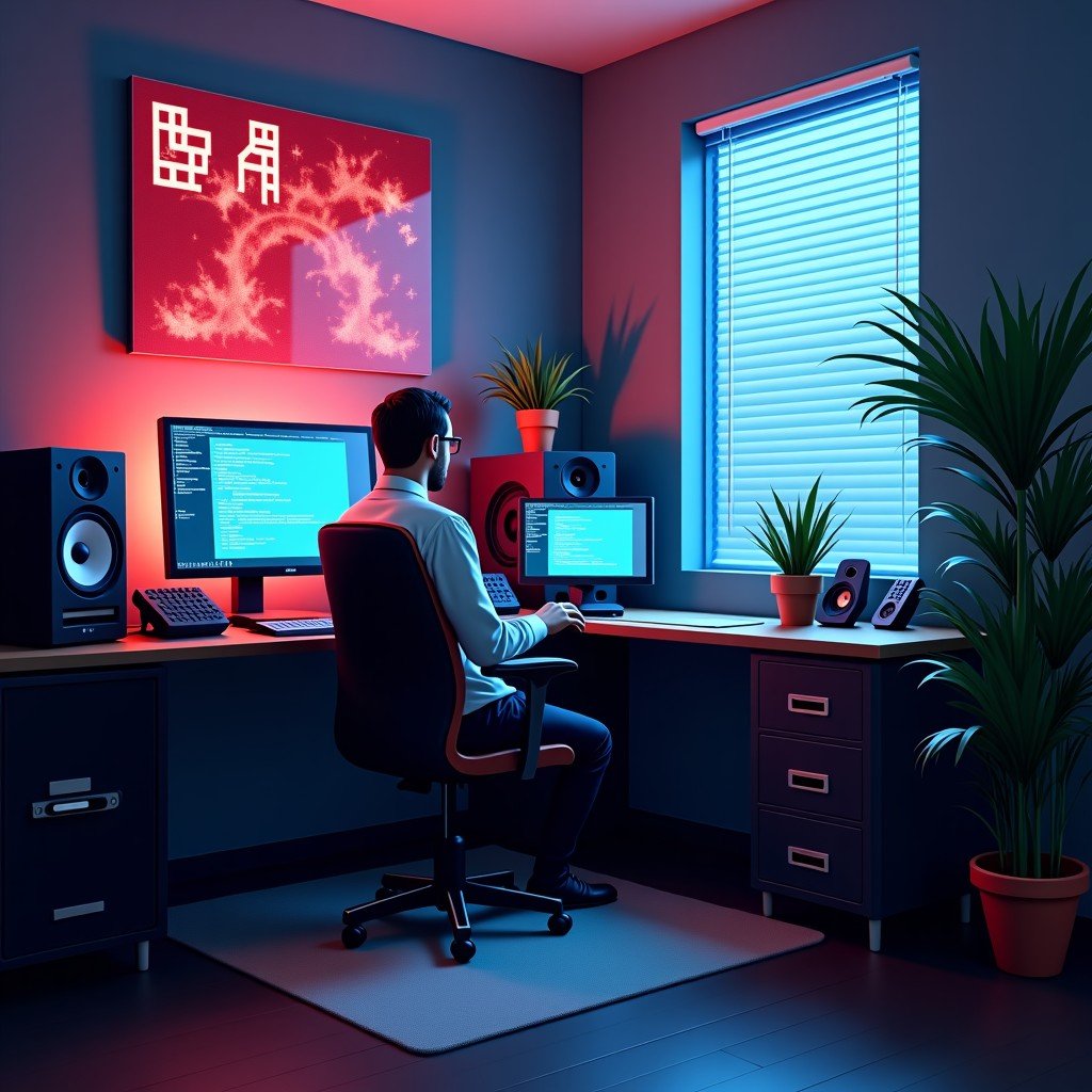 Conceptual art representing the intersection of human creativity and digital AI music technology, high contrast, studio environment, 4:3