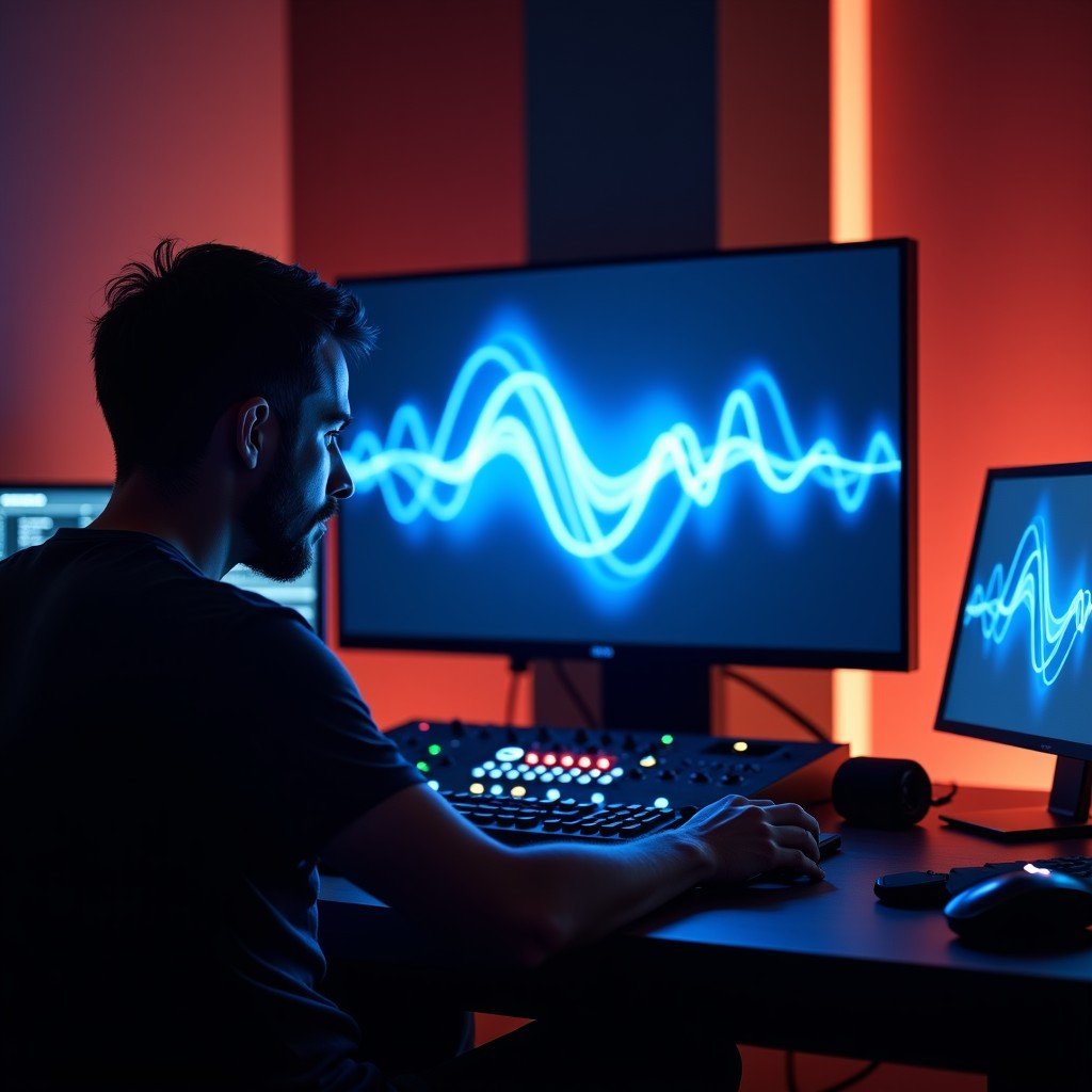 A professional sound engineer working in a modern recording studio with holographic AI generated wave patterns on a screen, focused, moody ambient lighting, 4:3