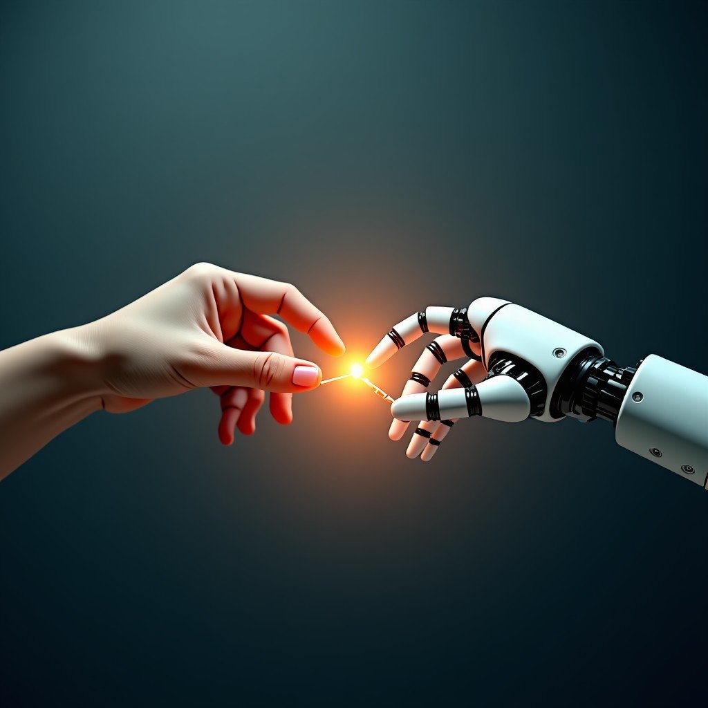 A symbolic composition of a human hand and a robotic hand reaching towards each other without touching with a glowing DNA strand and binary numbers between them. Soft cinematic lighting with a sense of hope and balance. 4:3