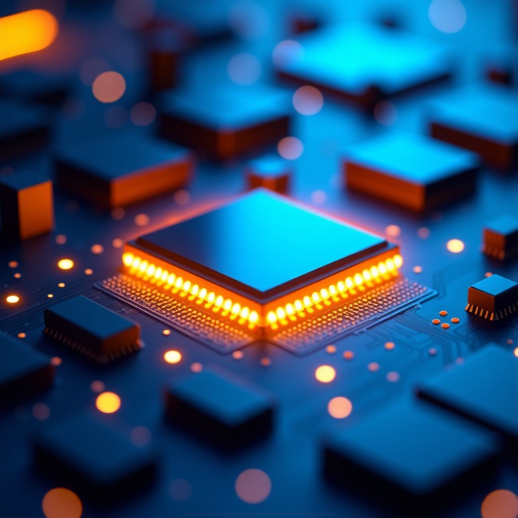 Close up shot of a futuristic gold and blue semiconductor chip glowing with light, surrounding memory modules on a circuit board, high tech aesthetic, professional photography, 4:3