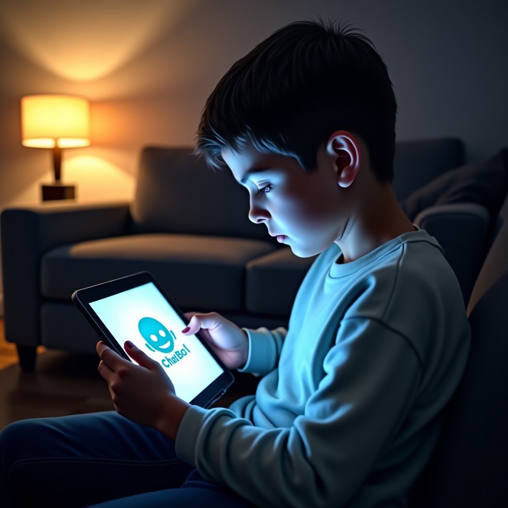 A teenager sitting in a dimly lit room looking at a glowing tablet screen featuring a futuristic AI chatbot interface. The atmosphere is reflective and slightly moody with warm highlights. 4:3