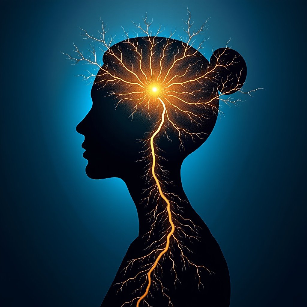 Abstract artistic rendering of a human silhouette and a glowing neural network intertwined. Deep blue and gold color palette, textured background, professional and intellectual atmosphere. 16:9