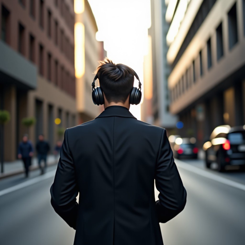 A stylish person walking in a modern city street wearing premium headphones, cinematic lighting, natural atmosphere, 4:3.
