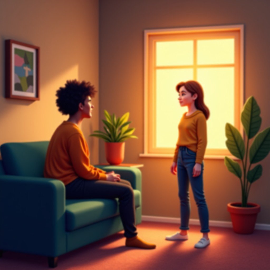 A cozy room where a person is talking to a holographic AI assistant, warm lighting, natural interaction style, high quality 4:3