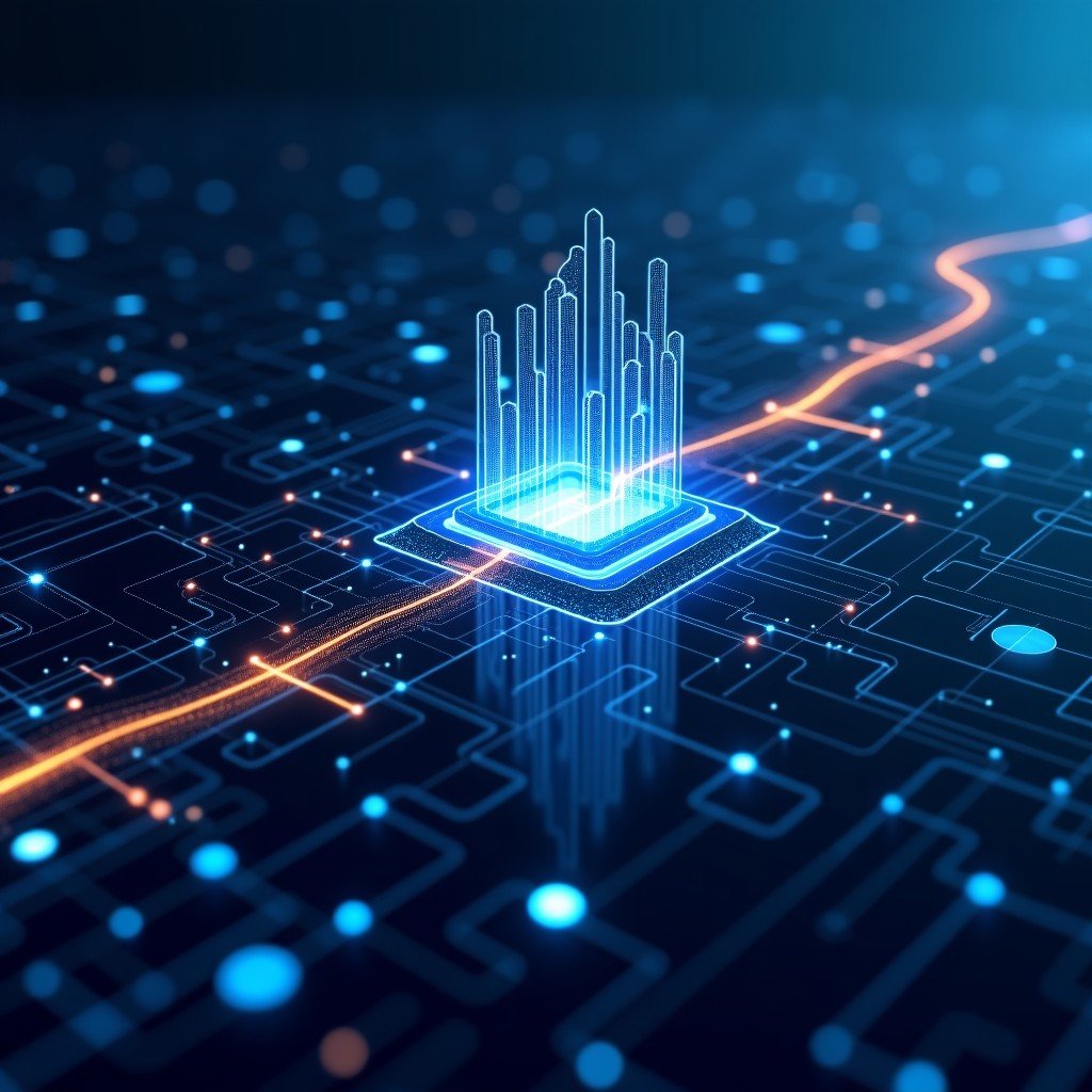 A digital visualization of web data flowing into a central processing core, blue and gold lights, futuristic and organized 4:3