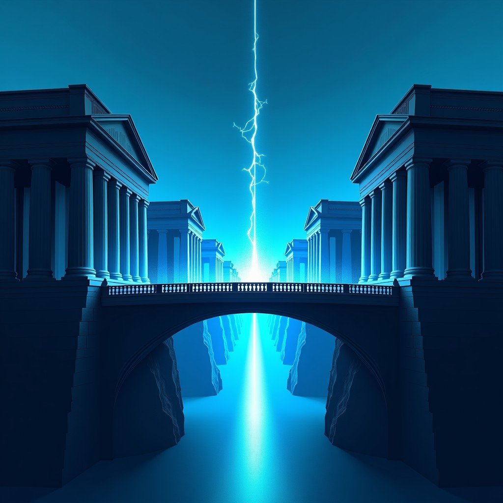 A dramatic conceptual illustration showing a neoclassical government building on one side and a futuristic high-tech laboratory on the other. A digital bridge between them is cracking with glowing blue energy. Dark moody atmosphere with sharp contrast. 4:3