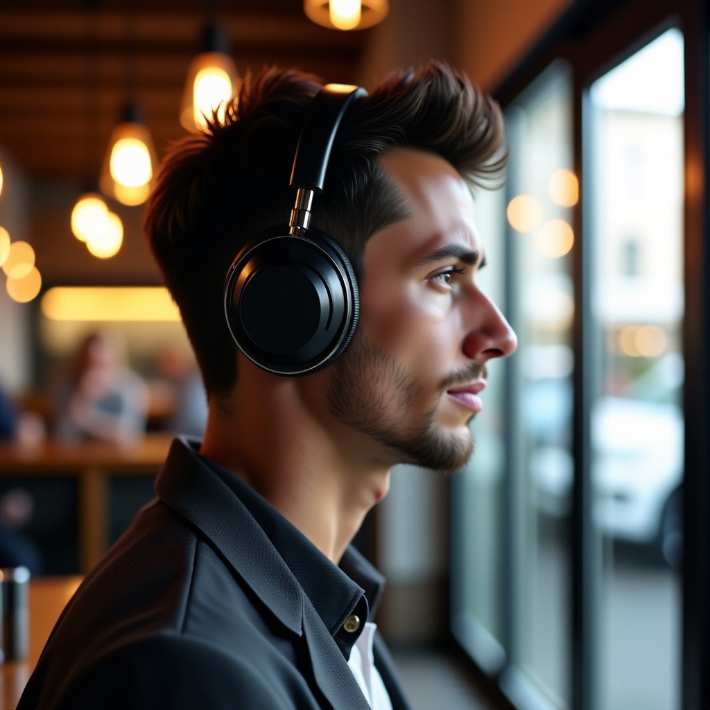 A person wearing premium over-ear headphones in a stylish cafe environment, soft focus background, realistic lighting, 4:3.