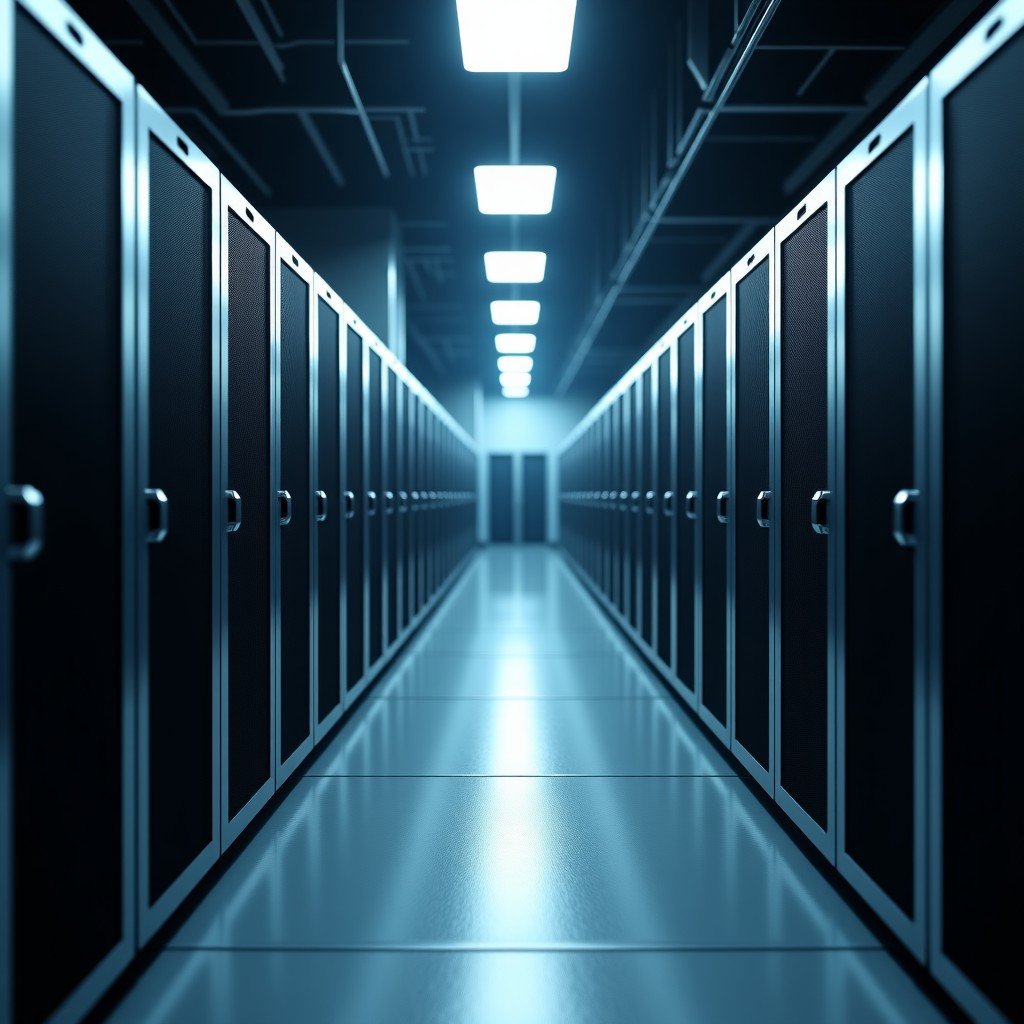 A high-tech warehouse with rows of Apple-style server racks sitting idle, some covered with light dust, dim cinematic lighting, professional photography style, 4:3