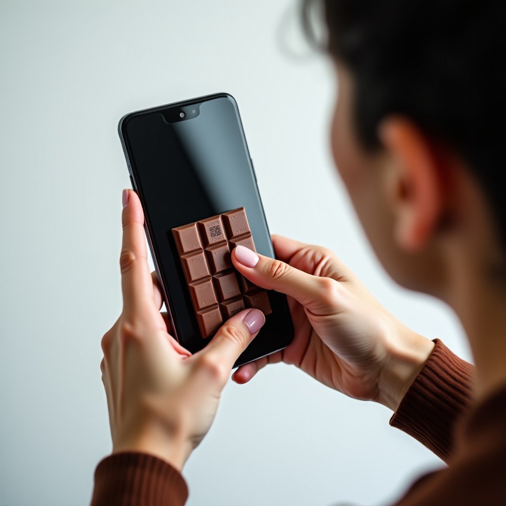 A close-up shot of a person holding a square chocolate bar and scanning a QR code on the back of the packaging with a smartphone. The lighting is bright and clean, focused on the interaction between the product and the phone. Modern minimalist background. No text. 1:1