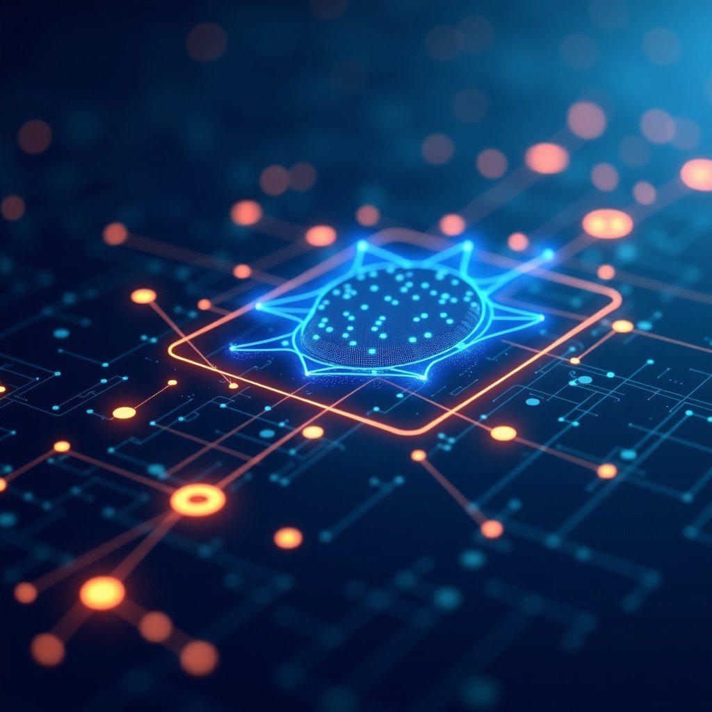A clean and professional digital illustration of an advanced artificial intelligence interface with glowing nodes and data flow, futuristic aesthetic, no text, 4:3 aspect ratio.