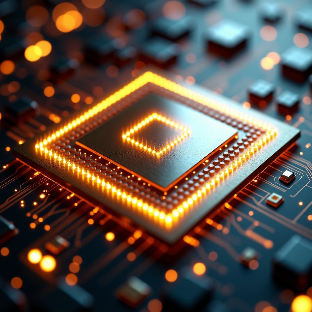 Close up of a high-tech gold and silver processor chip with complex circuits and light effects, futuristic technology style, 4:3