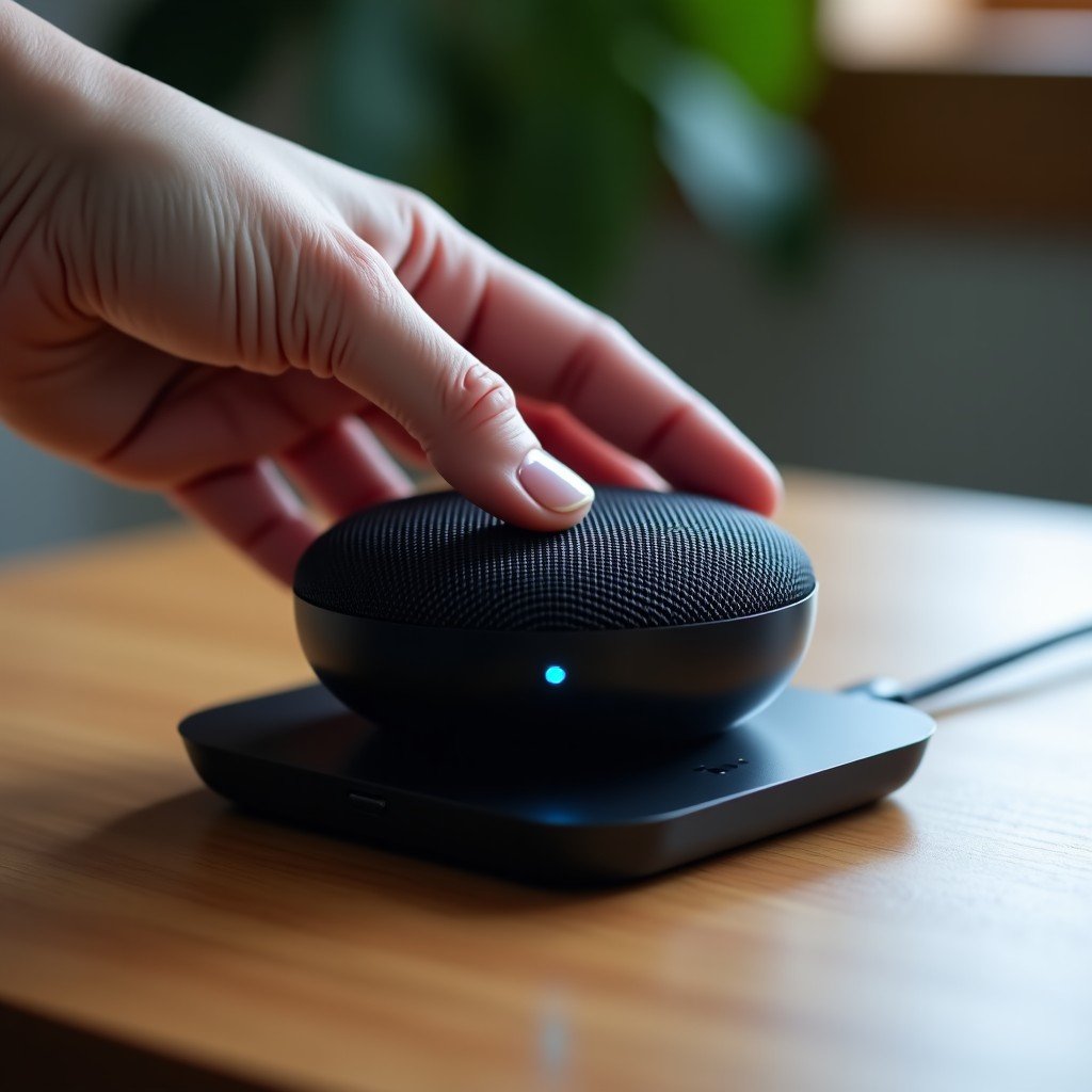 Close-up of a portable speaker being placed on a sleek wireless charging base, soft glow from an LED indicator, modern tech aesthetic, 4:3
