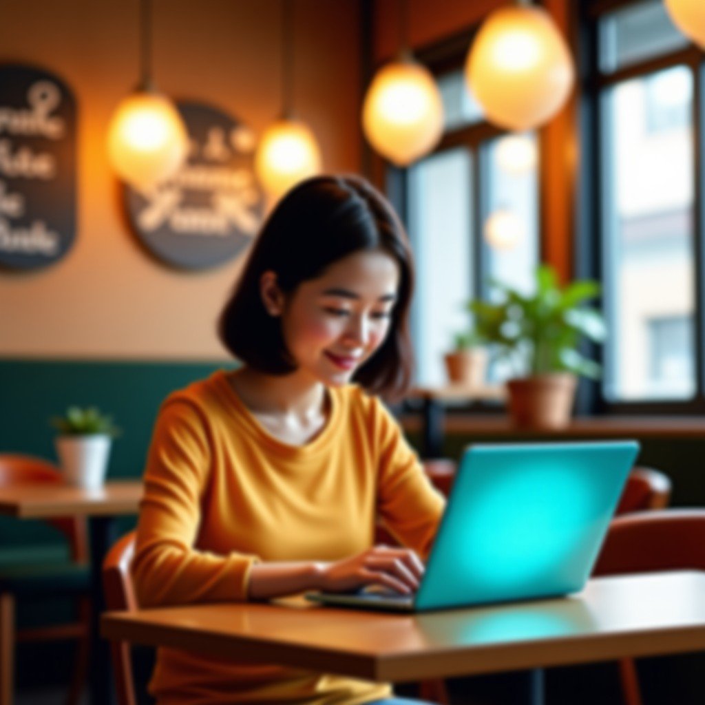 A Korean person using a small colorful laptop in a bright and cozy cafe, warm ambient lighting, focus on the device and hands, natural and relaxed atmosphere, 4:3