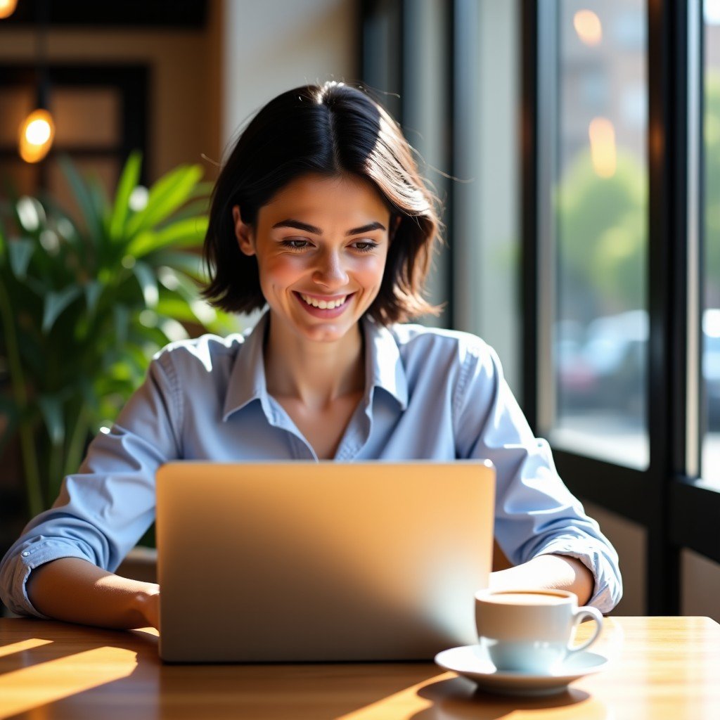 A young professional using a laptop at a sunny cafe table next to a cup of coffee, lifestyle photography, natural lighting, 4:3