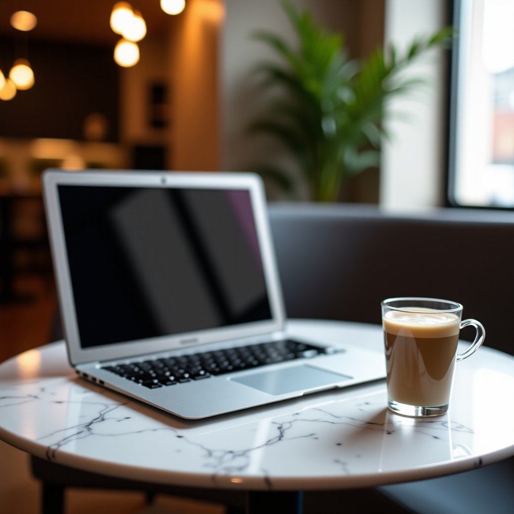 A realistic lifestyle photo of a silver laptop on a marble cafe table, a cup of latte next to it, warm indoor lighting, modern interior background, cozy and productive vibe. 4:3