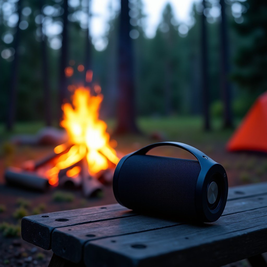 A portable Bluetooth speaker sitting on a rugged camping table next to a warm campfire at dusk. Forest background, atmospheric lighting, lifestyle photography, 4:3