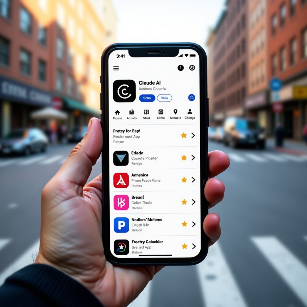 A modern smartphone held in a hand, showing the App Store rankings page with the Claude AI app at the top position. Blurred city background, daylight, realistic lifestyle photography. 16:9