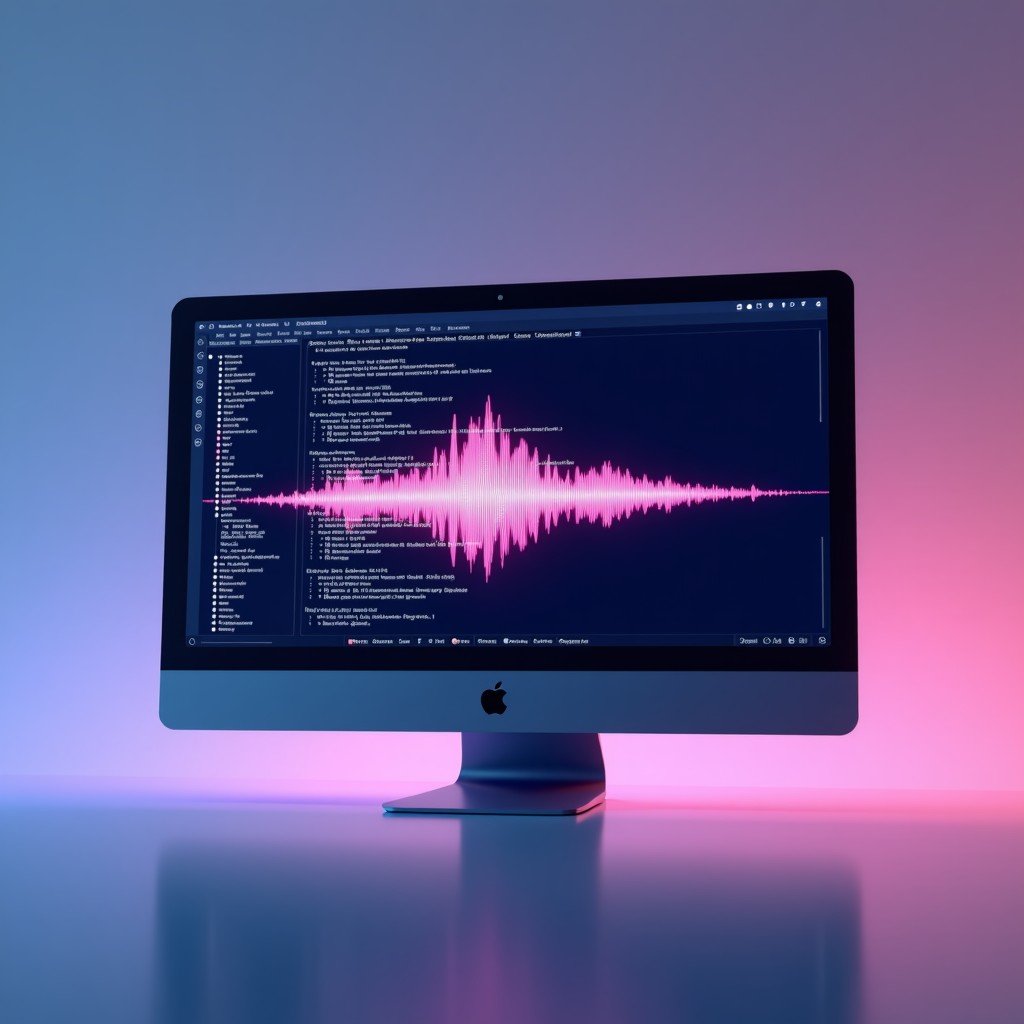 Conceptual UI design of Claude Code with a vibrant voice waveform overlaying a terminal screen. The terminal displays clean syntax-highlighted code. Modern tech aesthetic, soft blue and purple gradient background. 4:3