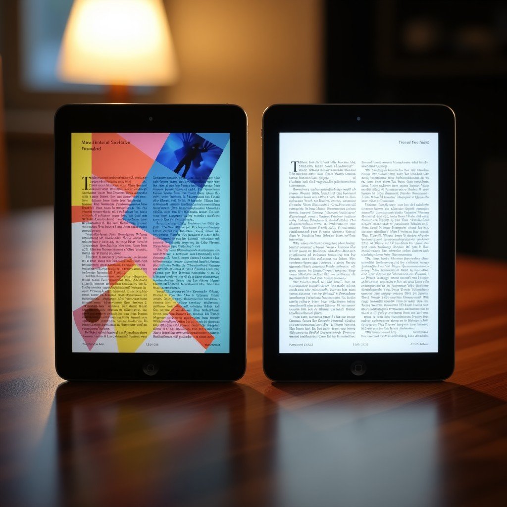 Side by side comparison of two handheld devices on a table, one showing a vibrant colorful magazine page and the other showing a paper-like monochrome text page, soft studio lighting, 1:1