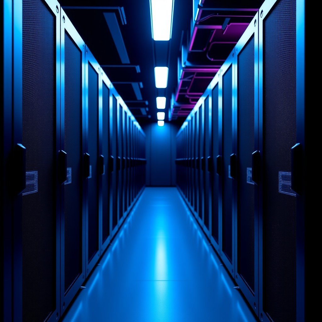 Rows of high-end data center server racks in a dimly lit room with blue and purple ambient lighting. 4:3