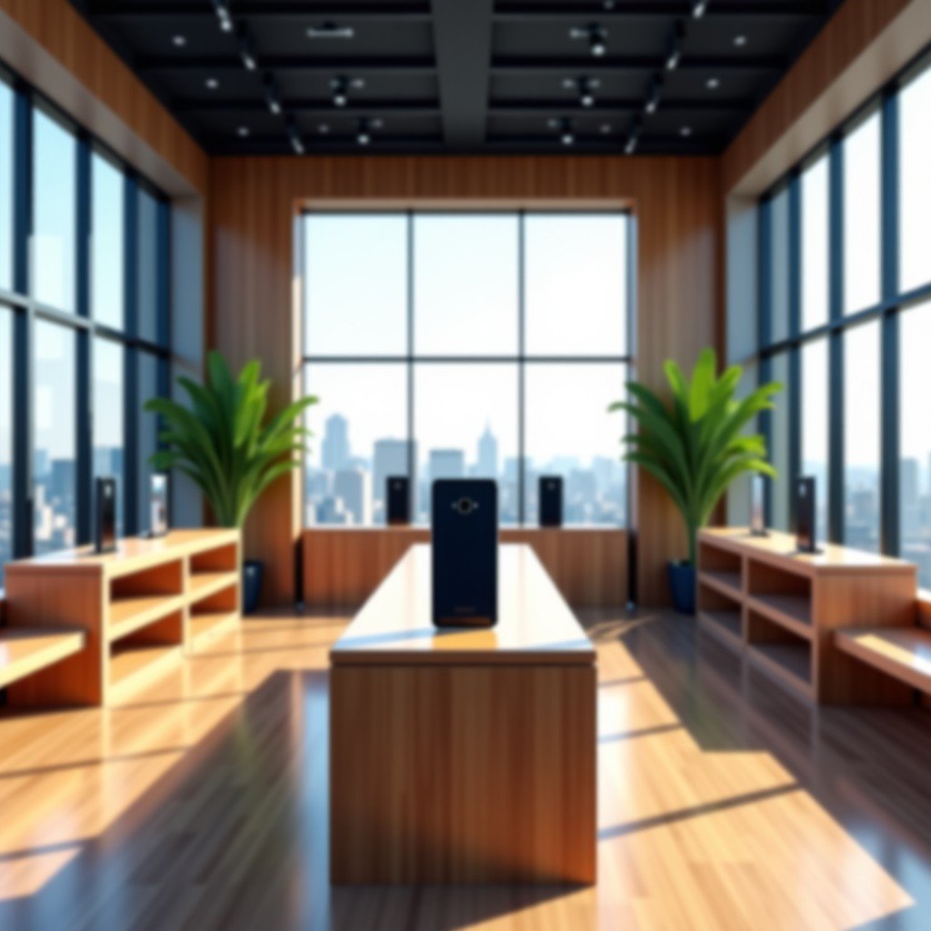 Interior of a sleek modern electronics store with premium smartphones on minimalist wooden tables, natural lighting through large windows, clean and high-end atmosphere, 4:3
