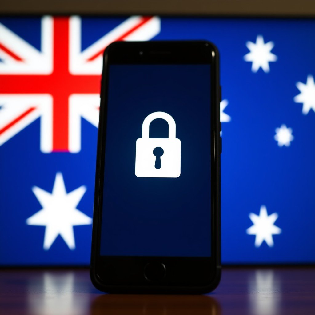 A high-quality image showing a smartphone screen with a restricted access icon and the Australian flag in the background. Modern digital safety concept with clean lighting and high contrast. 4:3