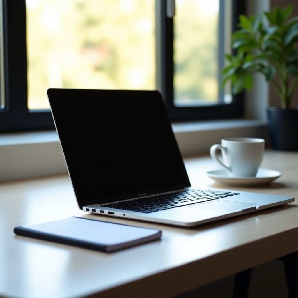 A stylish laptop on a clean desk next to a coffee cup and a notepad, soft morning light, realistic lifestyle photography, 4:3 aspect ratio.