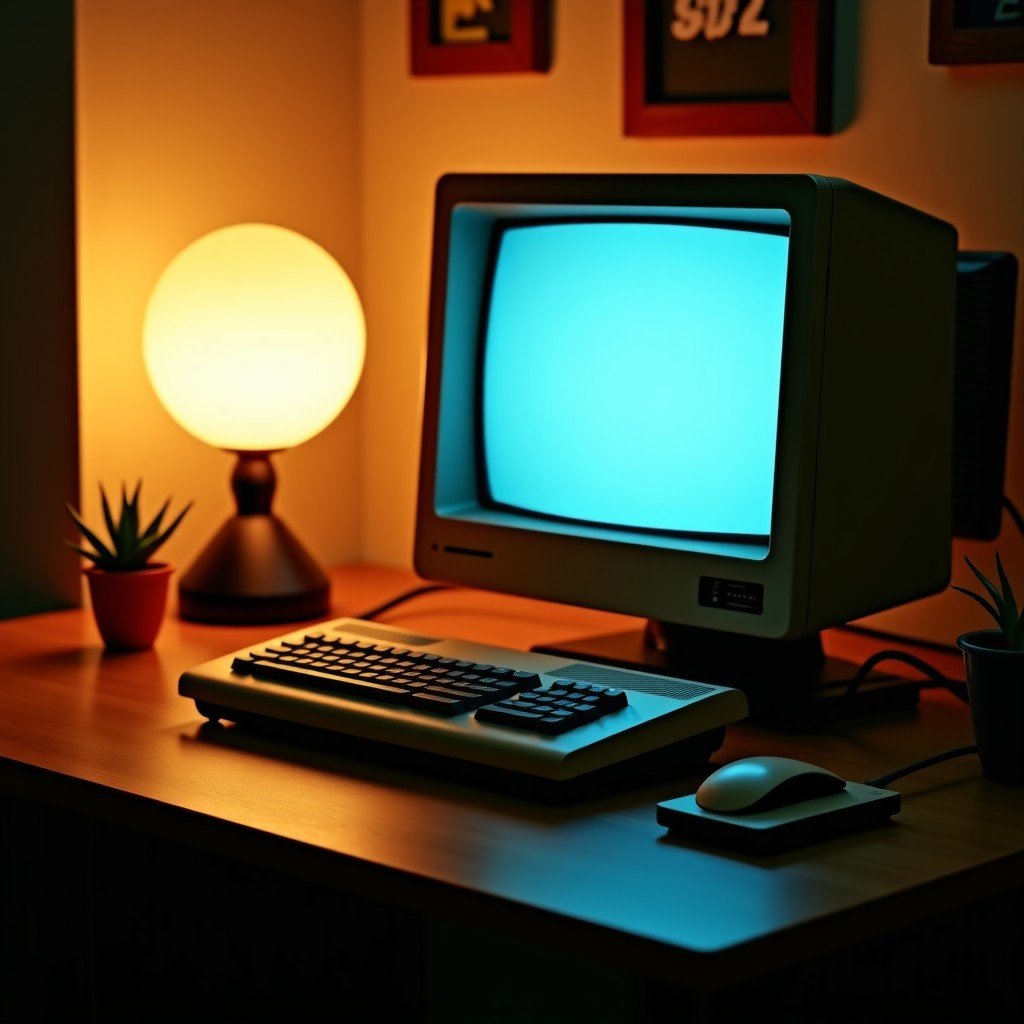A vintage style computer on a wooden desk with warm indoor lighting, nostalgic tech atmosphere, focus on hardware design, 4:3 aspect ratio.