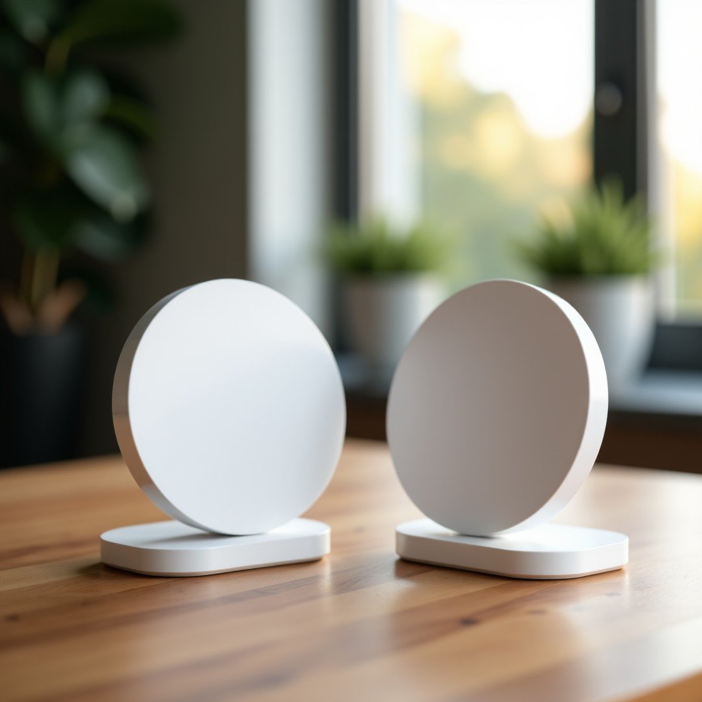 A high-quality studio photography of two circular Apple AirTag devices side by side on a minimalist wooden desk surface, soft natural lighting, depth of field, 4:3
