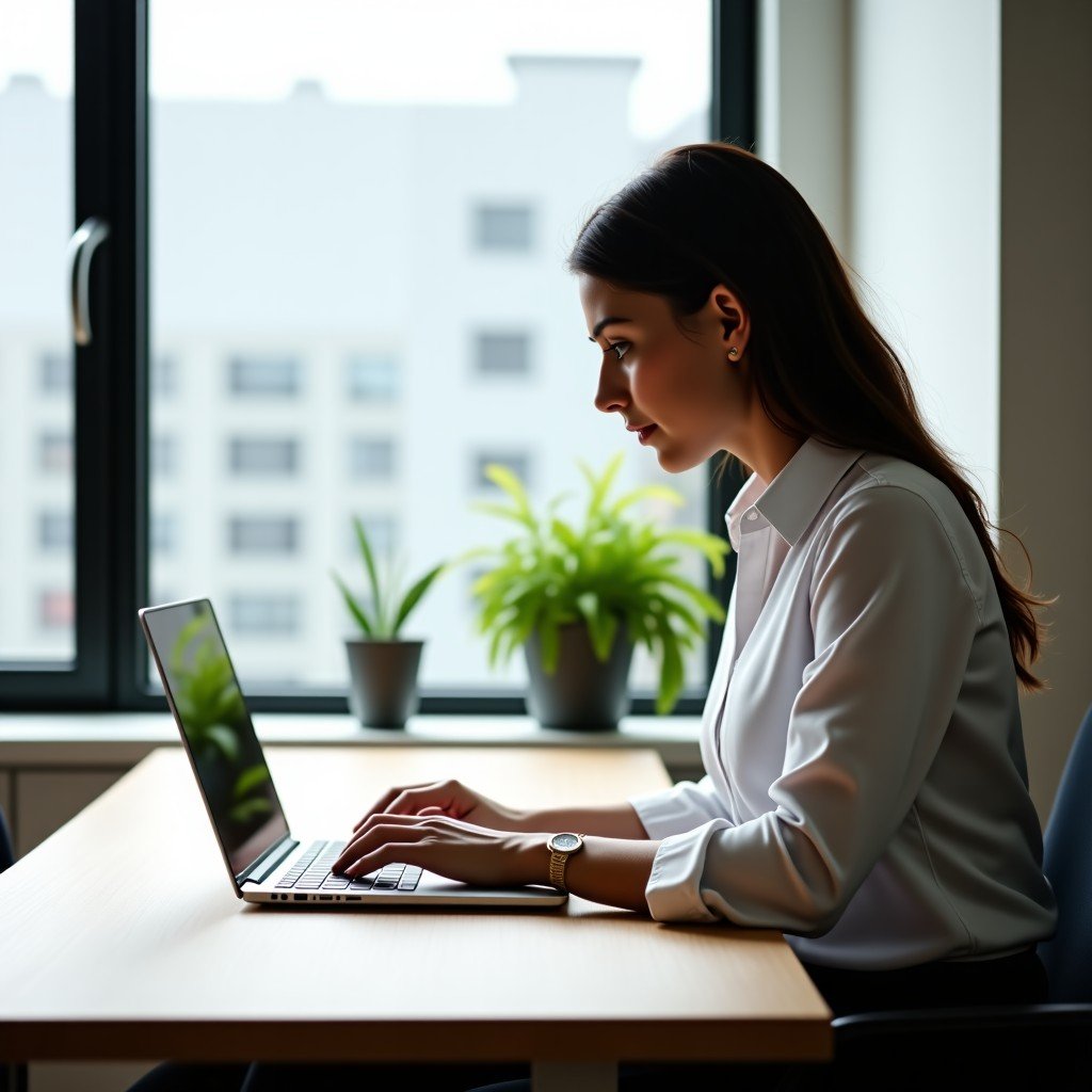 A professional working on a laptop at a modern wooden desk, bright natural window light, focused atmosphere, clean and tidy office setup, 4:3 ratio