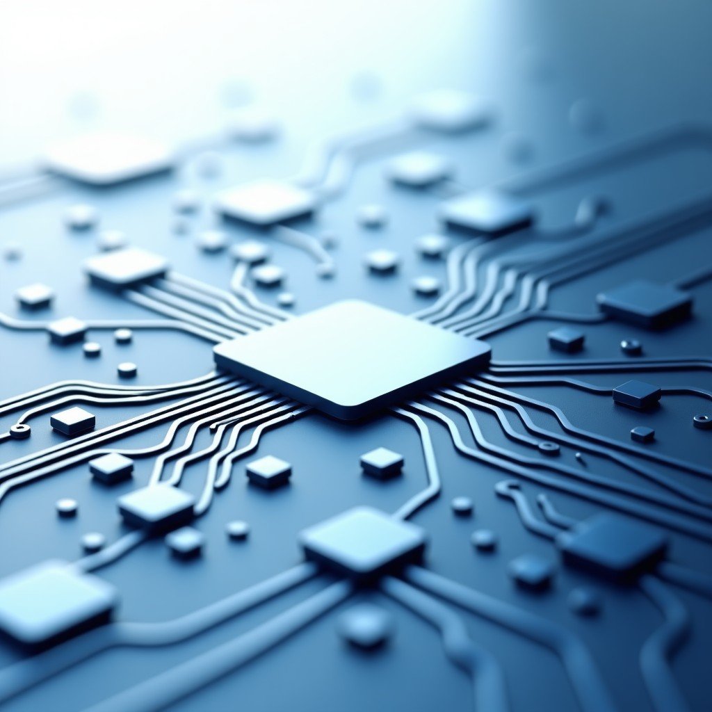 Artistic rendering of advanced technology integration, abstract circuit patterns blending with minimalist Apple style design, soft blue and silver tones, clean composition, 16:9 aspect ratio