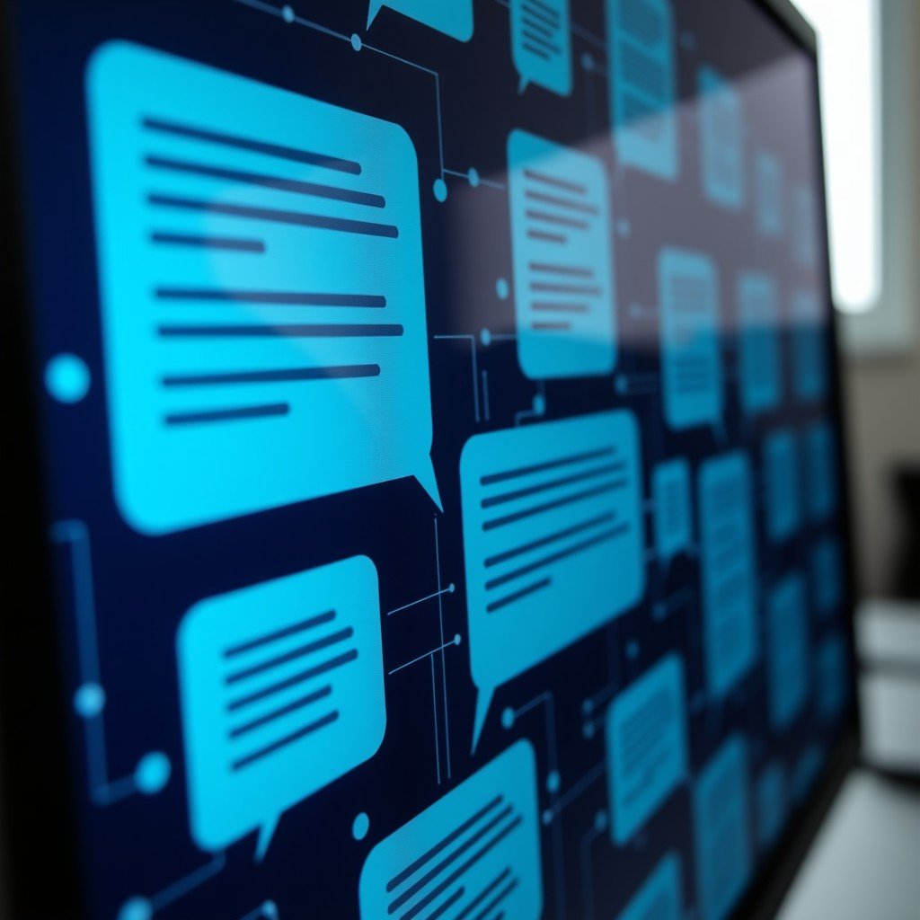 Close up of a computer screen displaying multiple distinct AI chatbot response panels, data flowing, glowing nodes, minimalist office environment, sharp focus on the monitor, 16:9