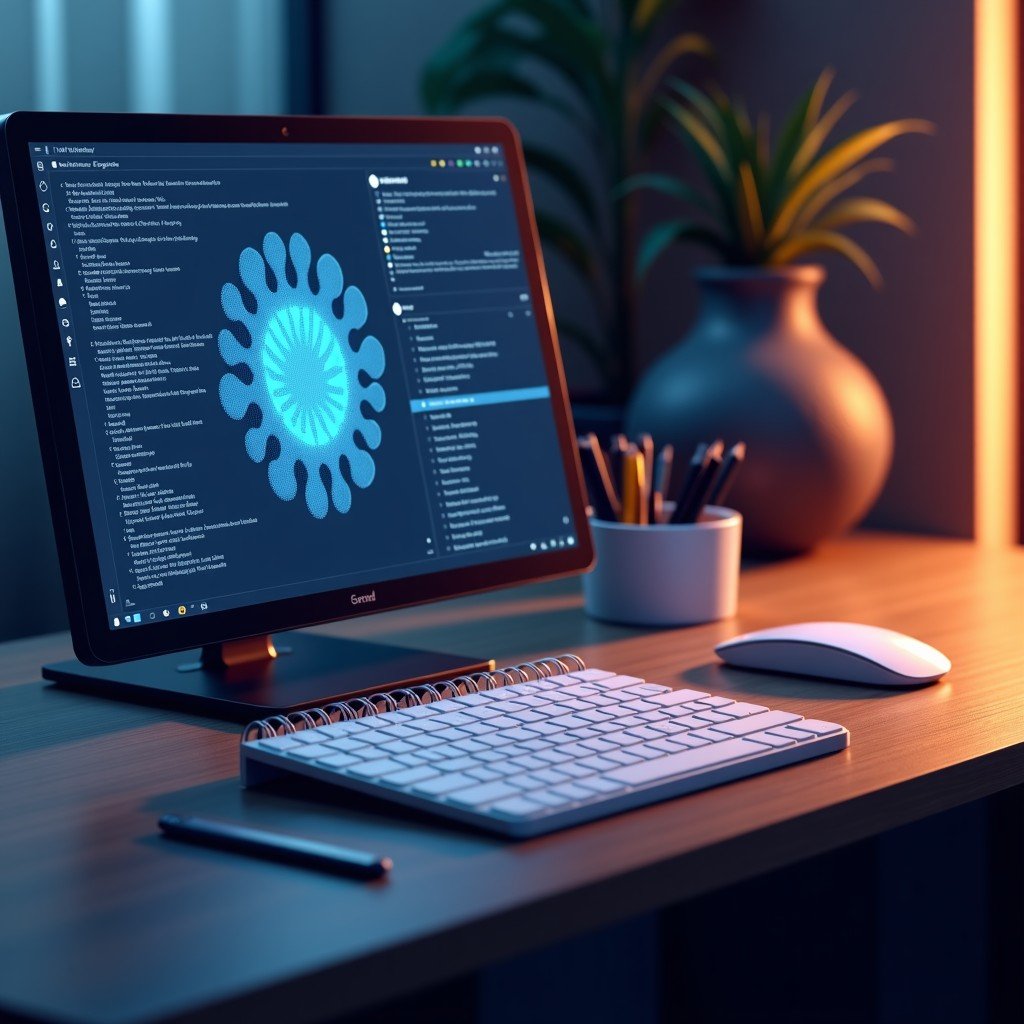 A professional workspace with a digital notebook for prompt engineering, abstract geometric patterns representing AI neural networks, warm ambient lighting, highly detailed, 4:3
