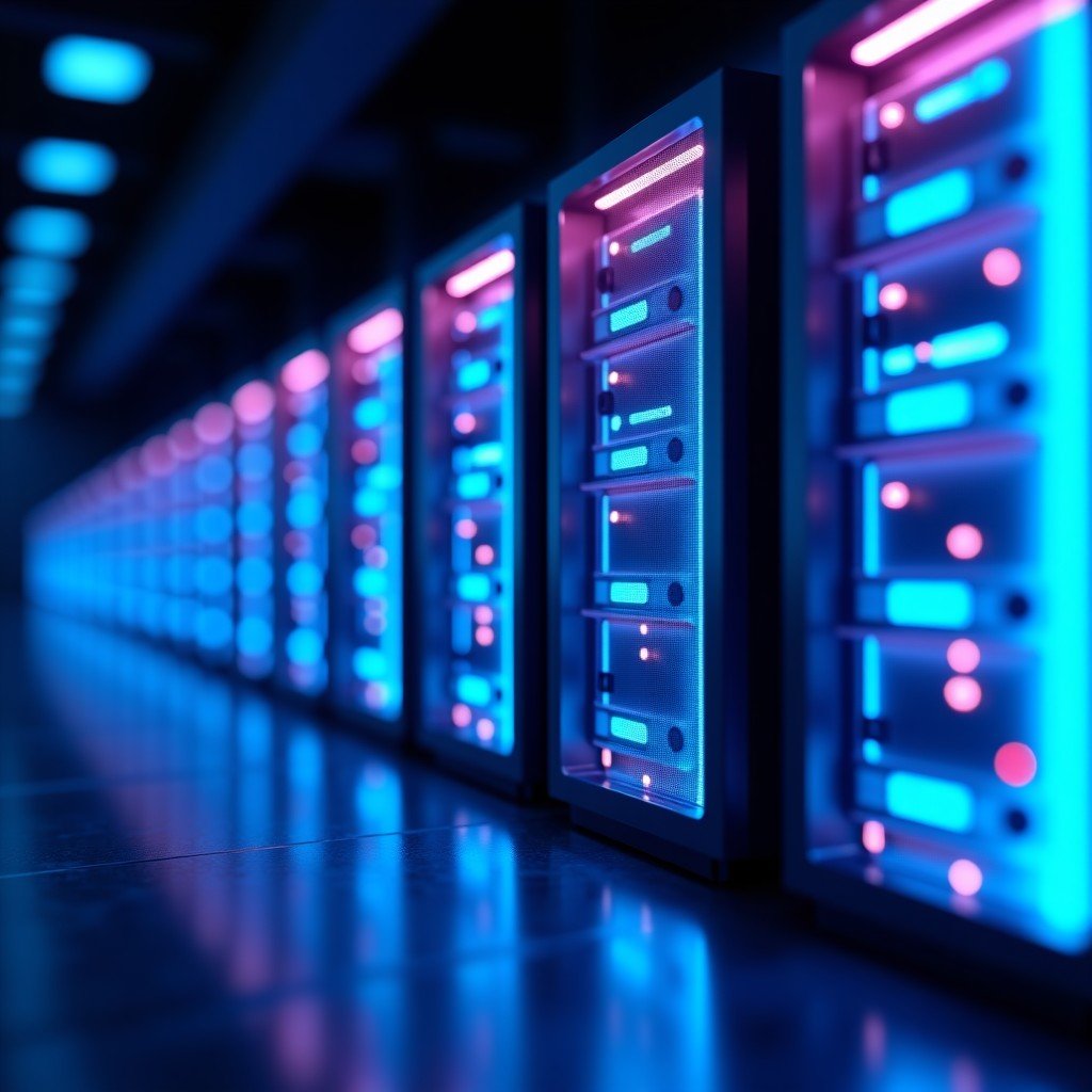 A conceptual illustration of futuristic server racks with glowing data lines, depth of field, blue and purple lighting, 4:3