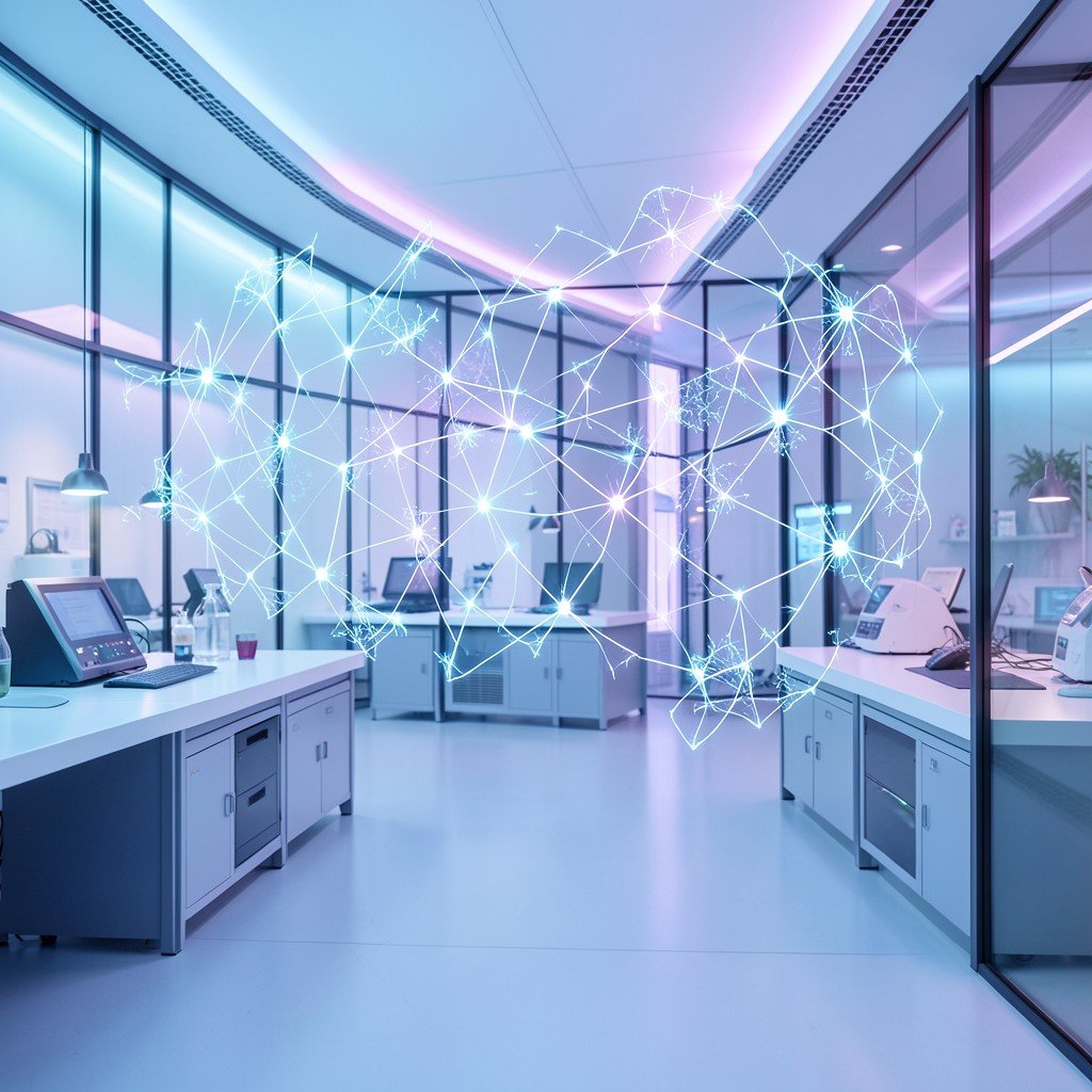 Futuristic laboratory environment with glowing neural network diagrams floating in the air, clean modern aesthetic, soft blue and purple lighting, 4:3