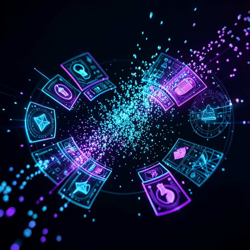 Abstract representation of digital data particles being collected by glowing artificial intelligence interfaces, dark theme with neon blue and purple accents, high quality photography, 1:1 aspect ratio.