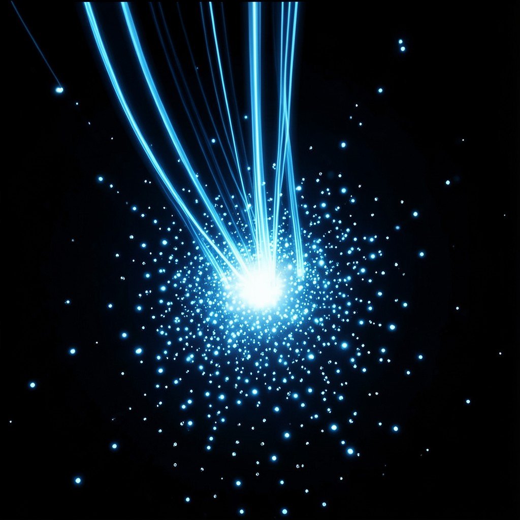 conceptual art of data distillation process where large blue light streams condense into smaller focused glowing particles 1:1