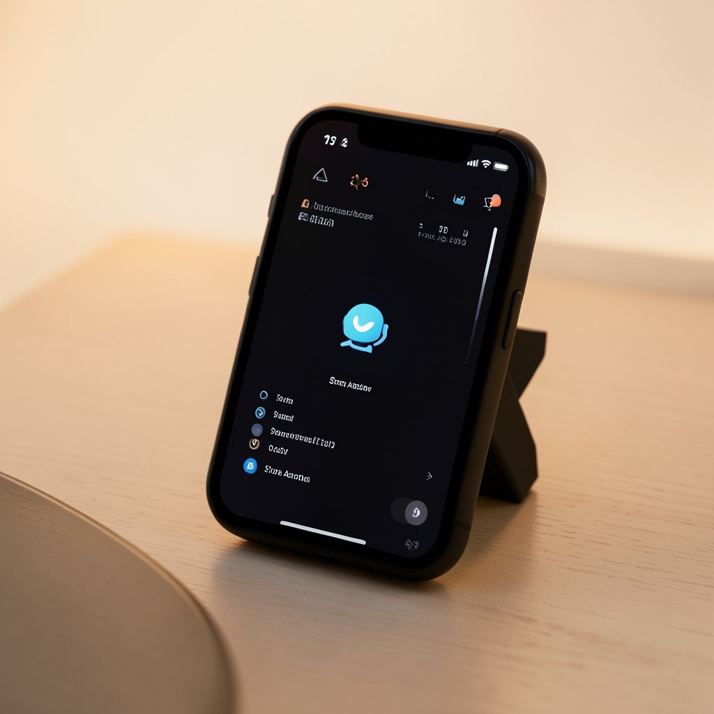 minimalist smartphone screen interface design with smart assistant elements and soft warm lighting around a modern desk 4:3