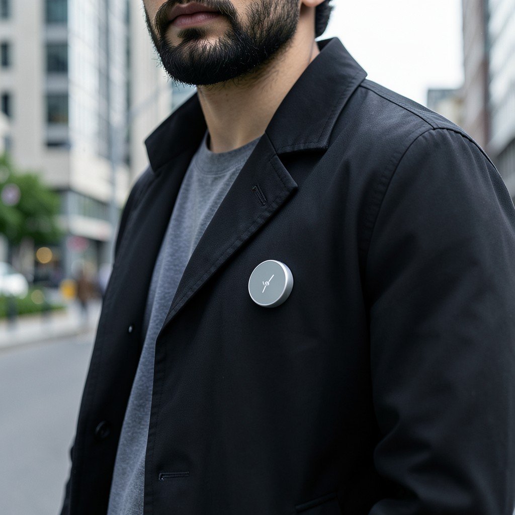 A close-up of a stylish person wearing a small circular AI device pinned to their jacket, modern urban lifestyle, realistic photography, soft natural daylight, 4:3 aspect ratio