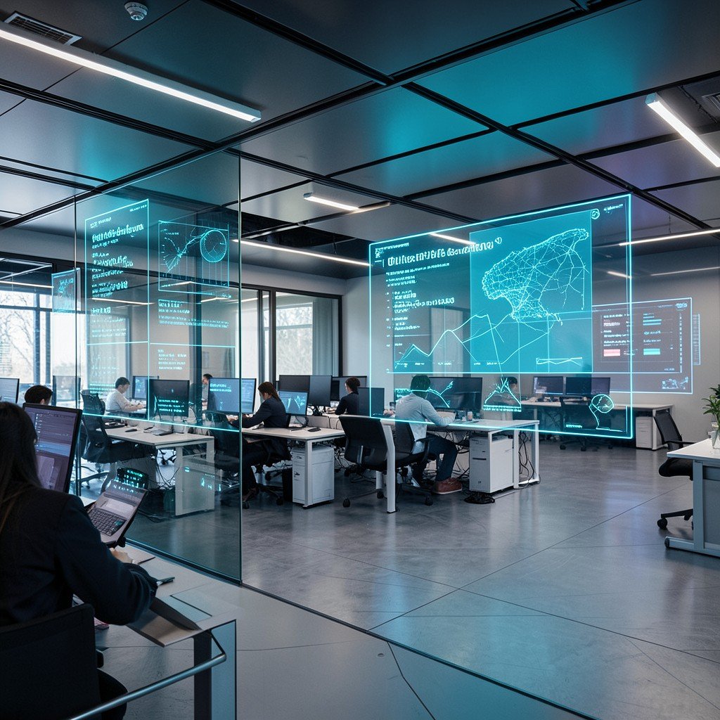 Futuristic office space with glowing holographic displays showing image analysis data, professional atmosphere, photorealistic, 4:3
