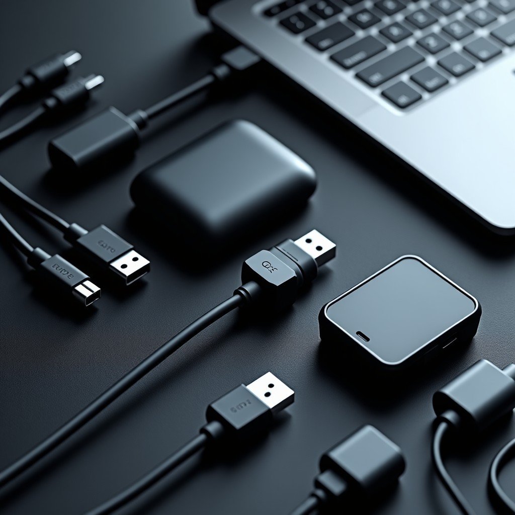 Collection of professional tech cables and small accessories arranged neatly on a dark textured desk, 4:3