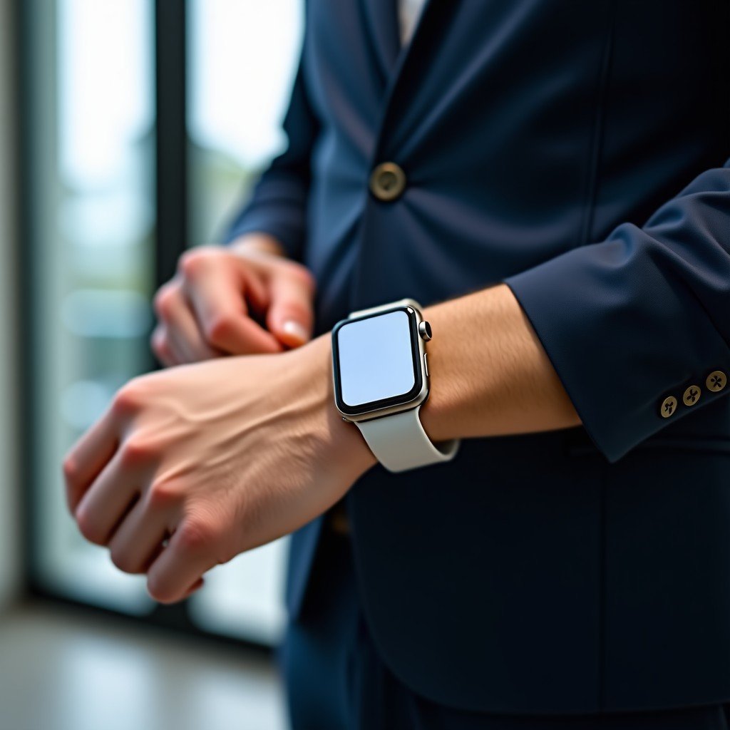 Close up shot of a person wearing a high end silver smartwatch, blurred office background, soft studio lighting, 4:3