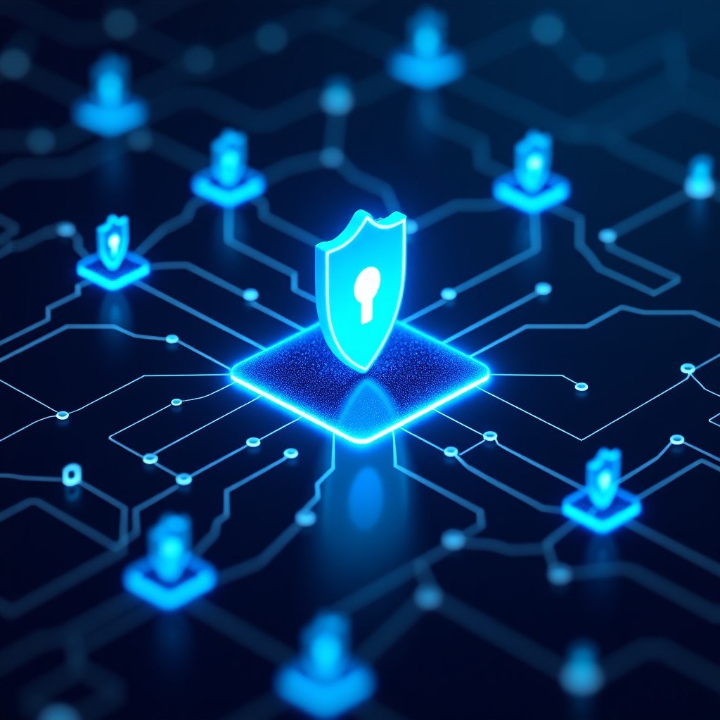 Digital abstract representation of secure data protection with glowing shields and network nodes, dark background with neon blue accents, futuristic technology, 4:3