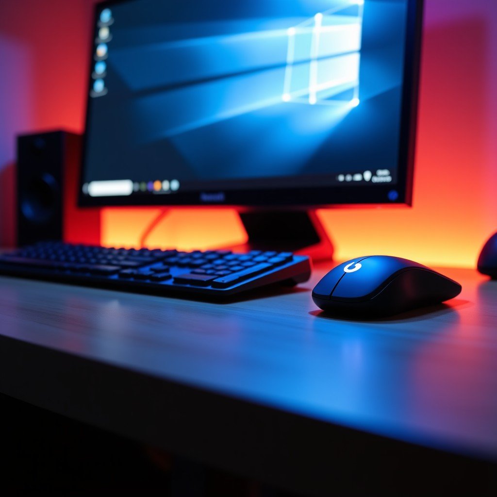 A clean desk setup with a keyboard mouse and laptop, professional studio lighting, depth of field, 4:3