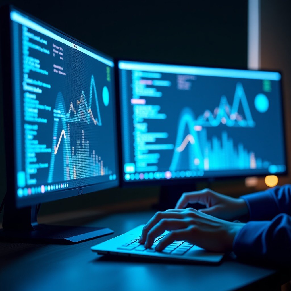 Abstract representation of AI processing screen content and digital data on a computer display, soft glowing lines connecting windows, professional workspace, 4:3 ratio