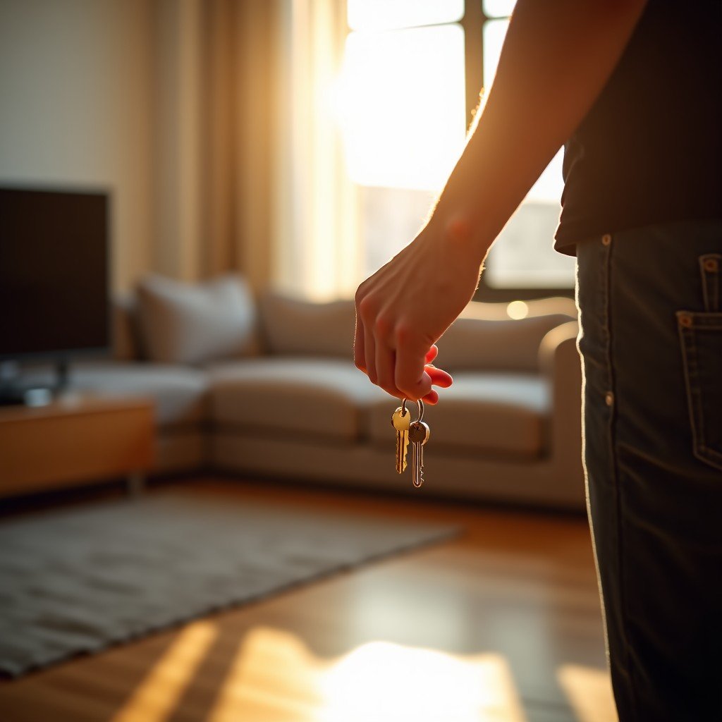 A close up shot of a person trying to find lost keys in a modern living room, bokeh effect, warm sunlight, 4:3