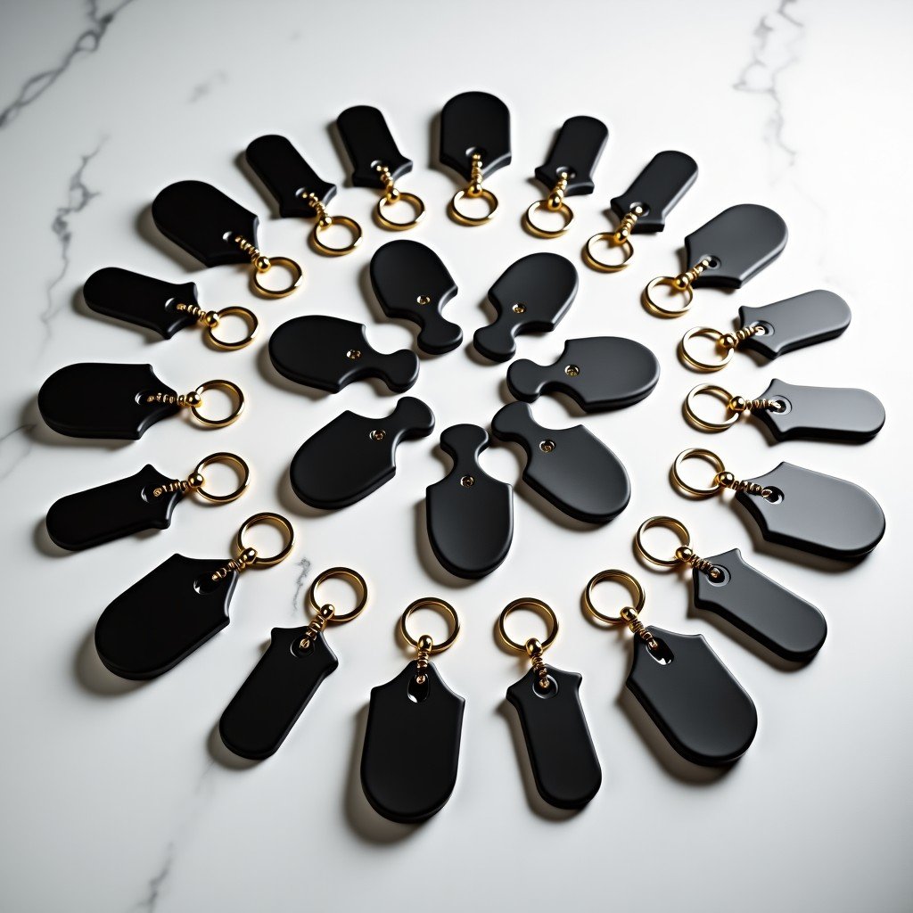 Various stylish AirTag keychains and accessories arranged on a clean marble surface, high contrast, elegant look, 4:3